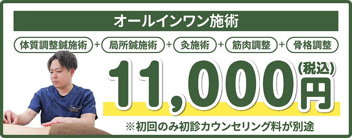 オールインワン施術 体質調整鍼+局所鍼施術+灸施術+筋肉調整+骨格調整 11,000円(税込) ※初回のみ初診カウンセリング料が別途